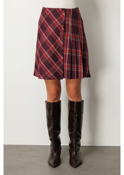 Kadın Pilise Detaylı Mini Etek 2049 Bordo modelleri