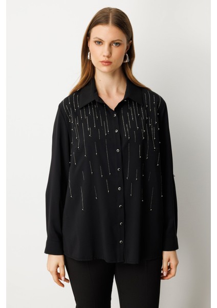 Kadın Büyük Beden Önü Taşlı Boncuklu Bluz 3983 Siyah