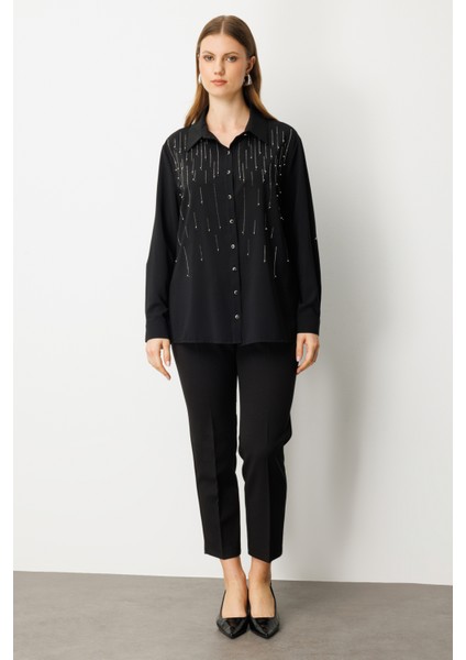 Kadın Büyük Beden Önü Taşlı Boncuklu Bluz 3983 Siyah modelleri