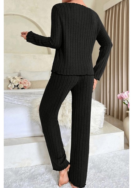 Marsilyan- Kadın Siyah Uzun Kollu Fiyonklu Yuvarlak Yaka Mevsimlik Pijama Takımı fırsatları