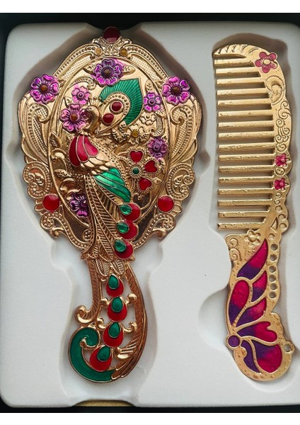 Ayna Tarak Seti, Kutulu-Metal-Hediyelik Takım, 13CM Aynalı Saç Fırçası, Tavuskuşu Figürlü