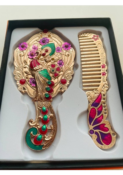 Ayna Tarak Seti, Kutulu-Metal-Hediyelik Takım, 13CM Aynalı Saç Fırçası, Tavuskuşu Figürlü modelleri