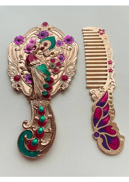 Ayna Tarak Seti, Kutulu-Metal-Hediyelik Takım, 13CM Aynalı Saç Fırçası, Tavuskuşu Figürlü
