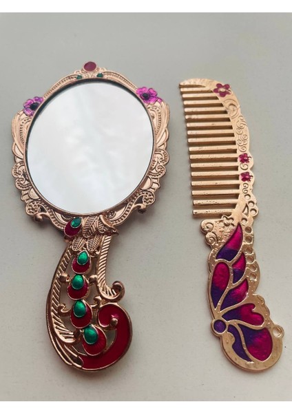 Ayna Tarak Seti, Kutulu-Metal-Hediyelik Takım, 13CM Aynalı Saç Fırçası, Tavuskuşu Figürlü