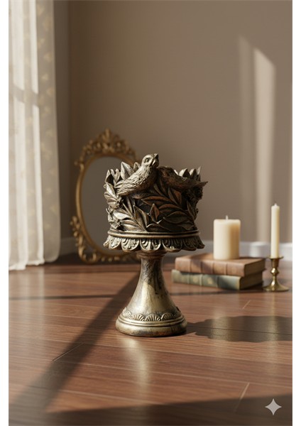 Dekoratif Polyester Kuşlu Ayaklı Şamdan Mumluk Gold Eskitme 23X11X10 cm