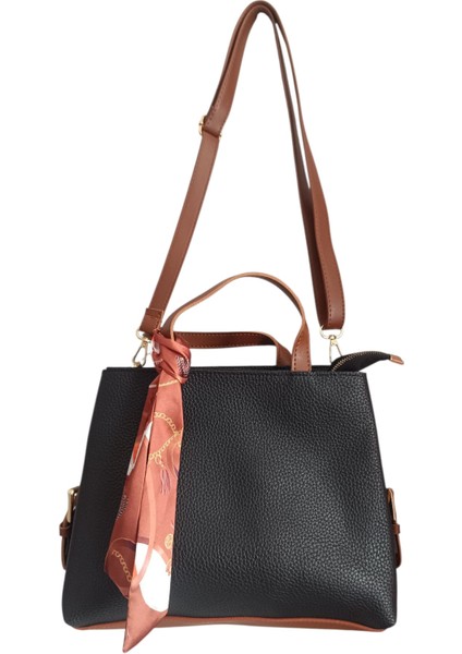 Siyah Taba Fular Detaylı Kadın El ve Omuz Çantası