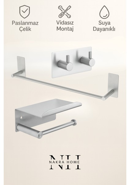 3'lü Paslanmaz Çelik Yapışkanlı Havlu Askılığı ve Tuvalet Kağıtlığı | Delmeden Montaj Neme Dayanıklı