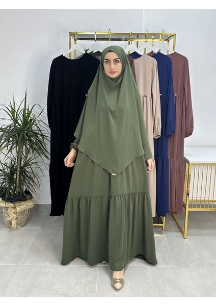 Ferace & Abaya Sufle Eşarp ve Iki Kat Büzgülü Elbise Takım.hijab .hac ve Umre Için Uygundur Yeşil