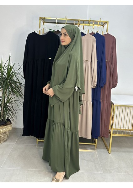 Ferace & Abaya Sufle Eşarp ve Iki Kat Büzgülü Elbise Takım.hijab .hac ve Umre Için Uygundur Yeşil modelleri