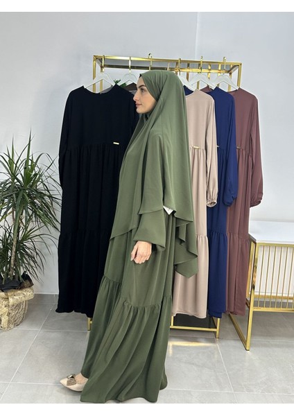 Ferace & Abaya Sufle Eşarp ve Iki Kat Büzgülü Elbise Takım.hijab .hac ve Umre Için Uygundur Yeşil fırsatları