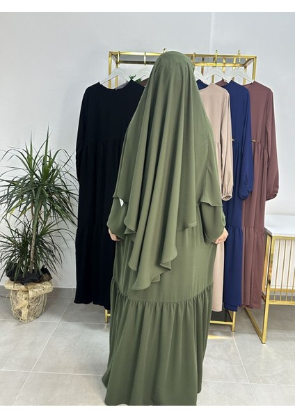 Ferace & Abaya Sufle Eşarp ve Iki Kat Büzgülü Elbise Takım.hijab .hac ve Umre Için Uygundur Yeşil
