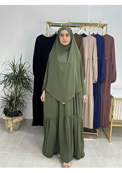 Ferace & Abaya Sufle Eşarp ve Iki Kat Büzgülü Elbise Takım.hijab .hac ve Umre Için Uygundur Yeşil