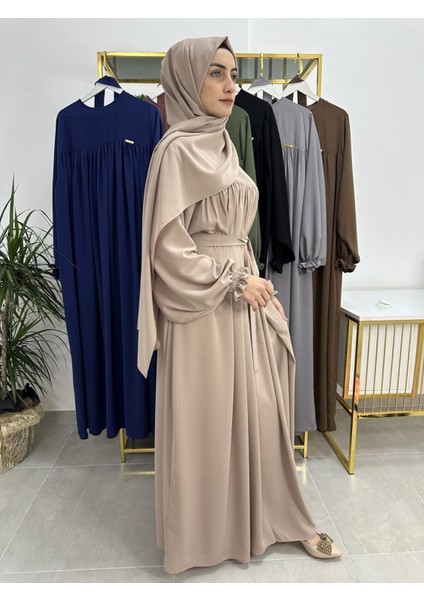 Şallı ve Üsten Robalı,kemerli Elbise Takım .hijap ,abaya (Hac ve Umre Için Uygundur) Bej