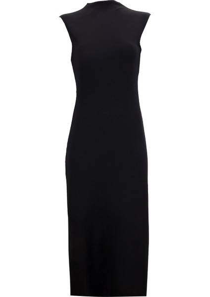 Yarım Balıkçı Yaka Düz Siyah Midi Kadın Elbise F5WL-ELB0403