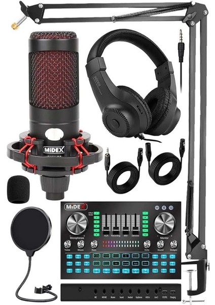 Cxn-30 Paket-12 VS20 Ses Kartlı Condenser Mikrofon Stand Kulaklık Seti