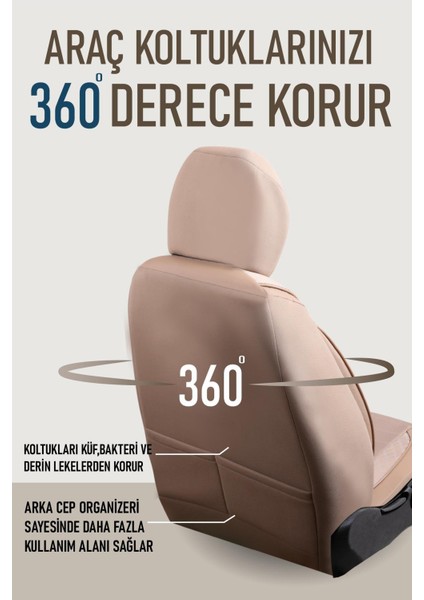 Peugeot 306 Uyumlu Lüks Yarı Deri Bel Destekli Oto Koltuk Kılıfı Vera Series Bej Renk
