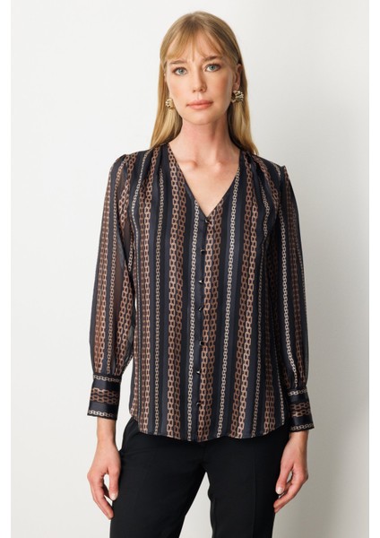 Kadın Süs Düğmeli Desenli Bluz 3063 Taba