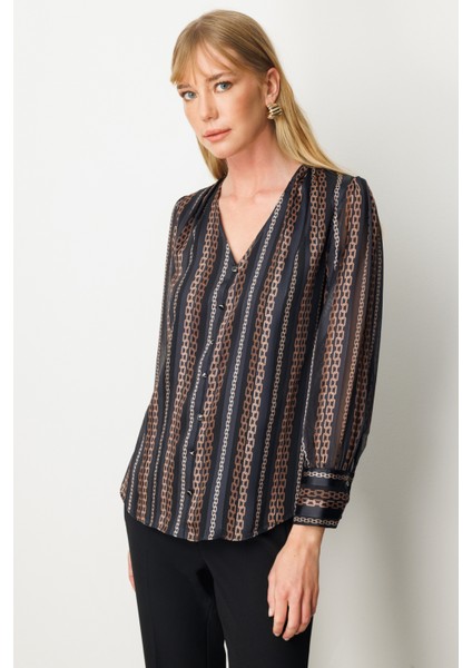Kadın Süs Düğmeli Desenli Bluz 3063 Taba fiyatları
