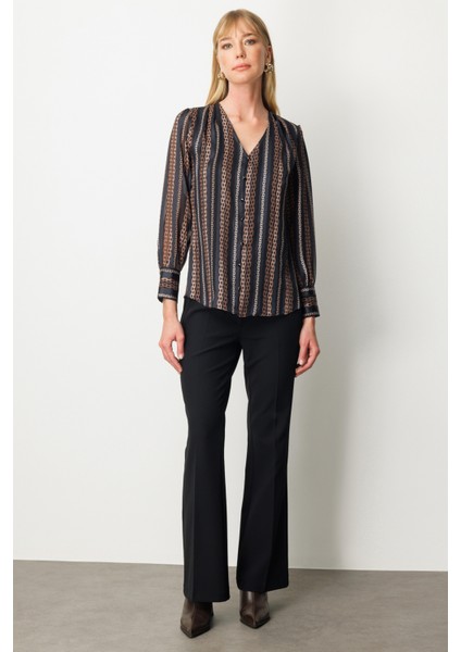 Kadın Süs Düğmeli Desenli Bluz 3063 Taba modelleri