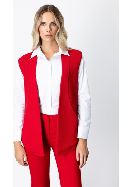 Kadın Önü Açık Uzun Örme Yelek 65908 Kırmızı