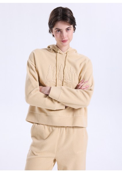 D5WL-SWT3505 Açık Bej Kapüşon Yaka Relaxed Nakışlı Kadın Sweatshırt