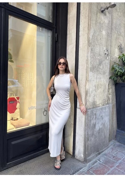 Osy Modal Yumuşak Dokulu Kumaş Bisiklet Yaka Sıfır Kolsuz Yırtmaçlı Uzun Elbise - Beyaz indirimleri