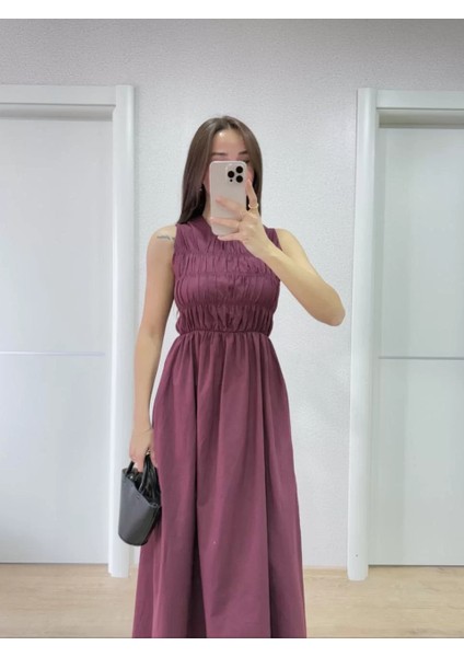 Kolsuz Göğüs Lastıklı %100 Poplin Uzun Elbise - Bordo