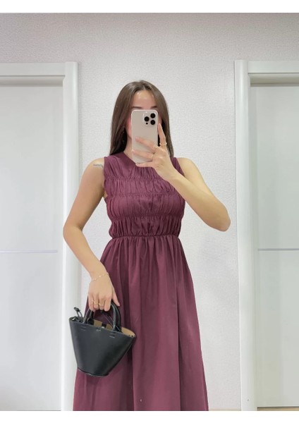 Kolsuz Göğüs Lastıklı %100 Poplin Uzun Elbise - Bordo fiyatları