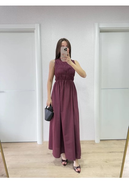 Kolsuz Göğüs Lastıklı %100 Poplin Uzun Elbise - Bordo modelleri
