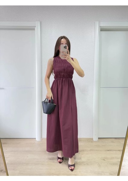 Kolsuz Göğüs Lastıklı %100 Poplin Uzun Elbise - Bordo fırsatları