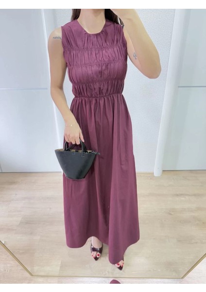Kolsuz Göğüs Lastıklı %100 Poplin Uzun Elbise - Bordo indirimleri