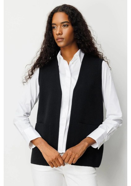 Kadın V Yaka Çelik Örgü Yün Anne Yelek 25044 Siyah modelleri