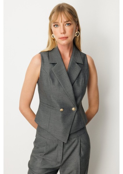Kadın Kruvaze Yaka Ince Fitilli Yelek 5053 Antrasit