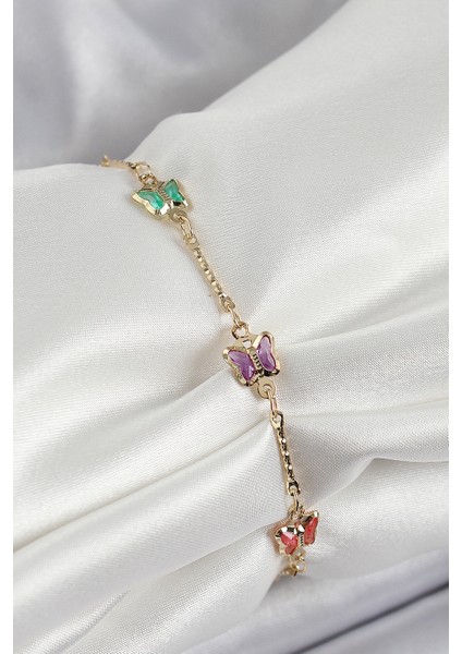 Pirinç Gold Renk Karışık Renk Kelebek Zirkon Taşlı Kadın Bileklik