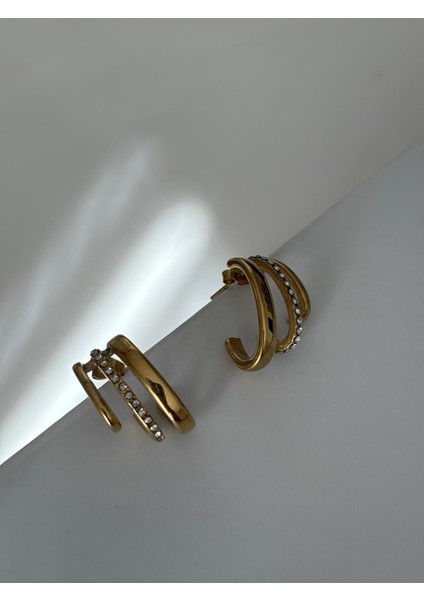 Üçlü Görünüm Zirkon Taş Detay Kararmaz Gold Çelik Küpe fiyatları