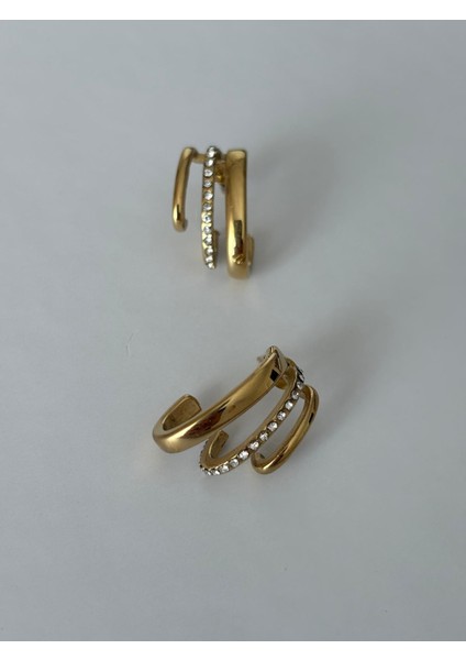 Üçlü Görünüm Zirkon Taş Detay Kararmaz Gold Çelik Küpe modelleri