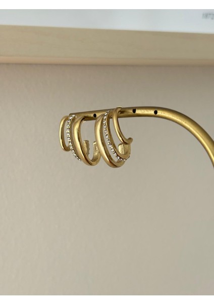 Üçlü Görünüm Zirkon Taş Detay Kararmaz Gold Çelik Küpe fırsatları