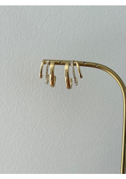 Üçlü Görünüm Zirkon Taş Detay Kararmaz Gold Çelik Küpe indirimleri