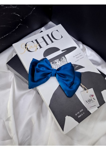 Kadın Saten Fiyonk Saç Tokası / Derin Mavi – Timsah (Pens) Klipsli