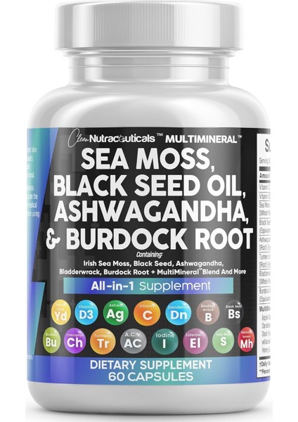 Sea Moss Black Seed Oil Turmeric Bladderwrack Burdock & Vitamin C Vitamin D3 With Elderberry 60 Caps