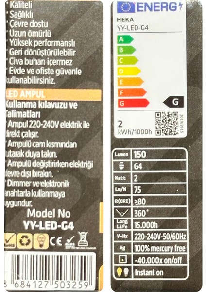 (1 Adet) Heka 2W (14W) 3000K (Sarı Işık) G4 Duylu Dim Edilebilir LED Kapsül Ampul modelleri