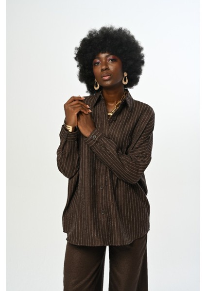 Kadın Çizgili Desenli Düz Renk Oversize Kesim Gömlek modelleri