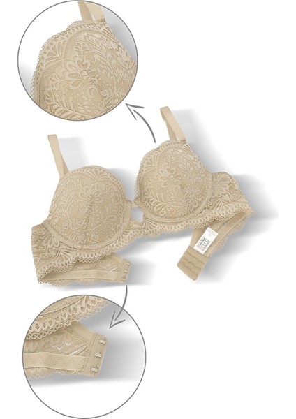 Dantelli Dekolte Sütyen Külot Takım Push Up, 2451 Taş Rengi