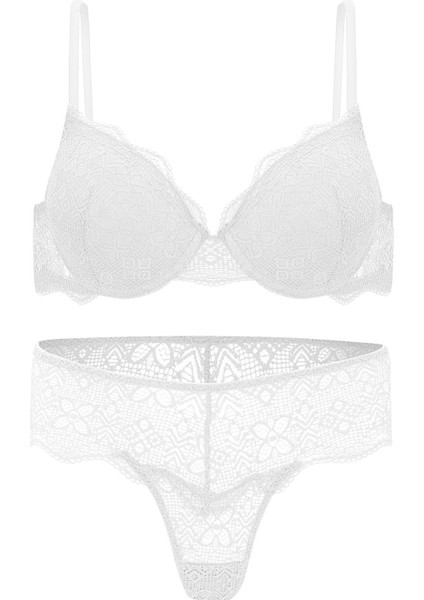 Anna 2735 Dantelli Dekolte Dolgulu Push-Up Sütyen ve Külot Takımı- Ekru