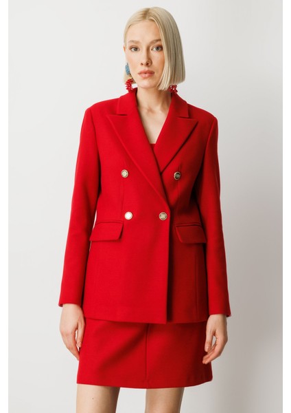 Kadın Kruvaze Yaka Kaşe Ceket 5069 Kırmızı