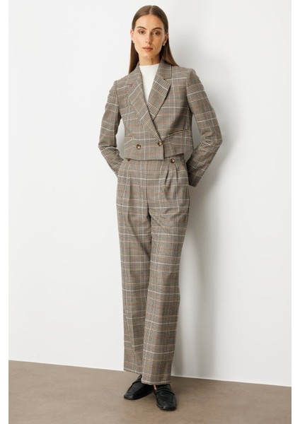 Kadın Beli Lastikli Ekoseli Pantolon 5077 Vizon