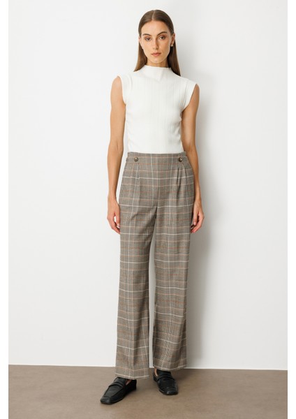 Kadın Beli Lastikli Ekoseli Pantolon 5077 Vizon fiyatları
