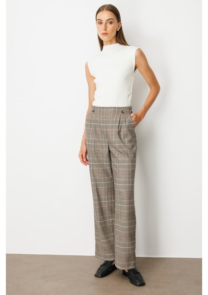 Kadın Beli Lastikli Ekoseli Pantolon 5077 Vizon modelleri