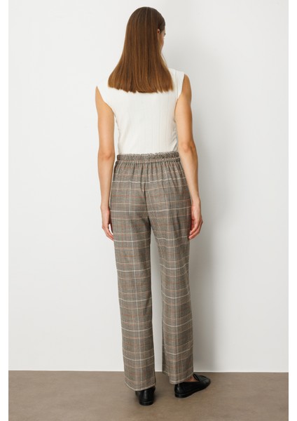 Kadın Beli Lastikli Ekoseli Pantolon 5077 Vizon fırsatları