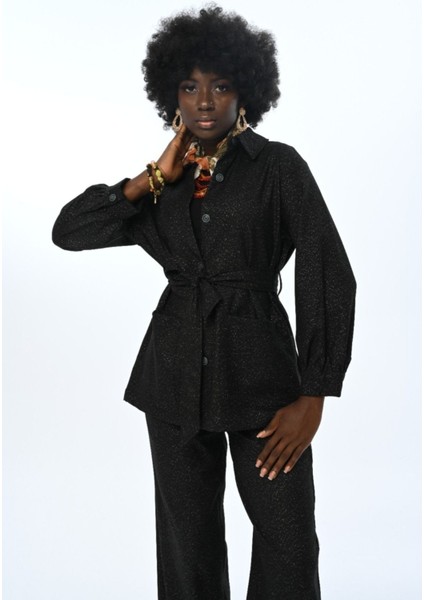 Kadın Çift Cepli Simli Kuşaklı Gömlek